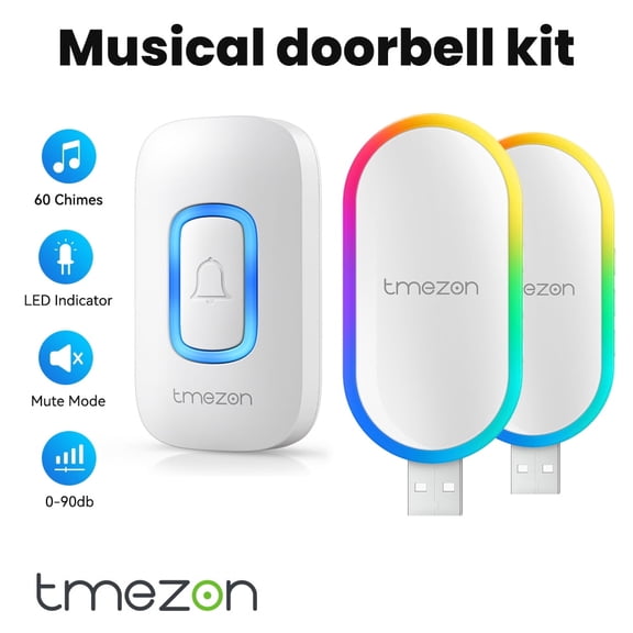 Wireless doorbell, USB Musical Doorbell Kit, Door Bell Chime, Musical Doorbell, 60 Melodies, 5 Volume Levels, Colourful LED For Home Security Outdoor, Local Warehouse, White