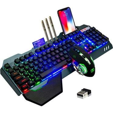 Wireless gaming Keyboard and Mouse,Rainbow Backlit Rechargeable Keyboard Mouse with 3800mAh Battery Metal Panel,Removable Hand Rest Mechanical Feel Keyboard and 7 Color Gaming Mute Mouse for PC Gamers
