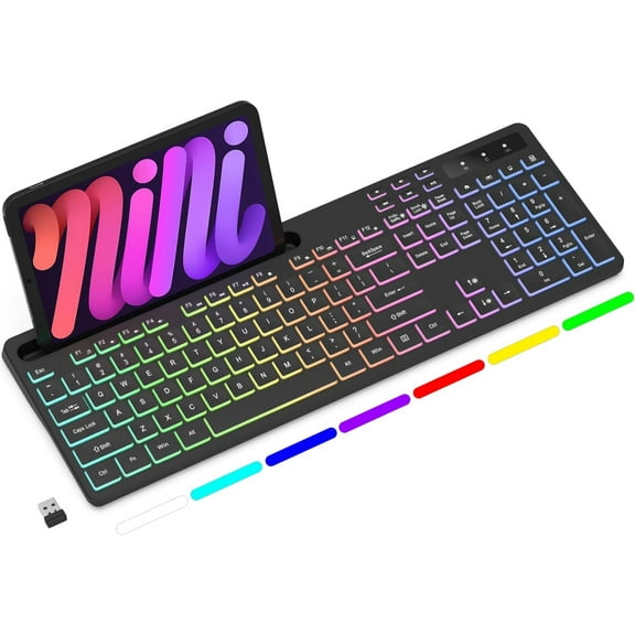 Backlit wireless keyboard, full-size computer keyboard, with stand for mobile phones and tablets