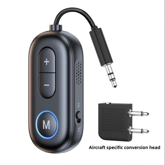 Wireless low-latency transmitter/receiver 2-in-1 with airplane adapter - plug and play - compatible with car audio systems, TVs/computers/music streaming, and in-flight entertainment.