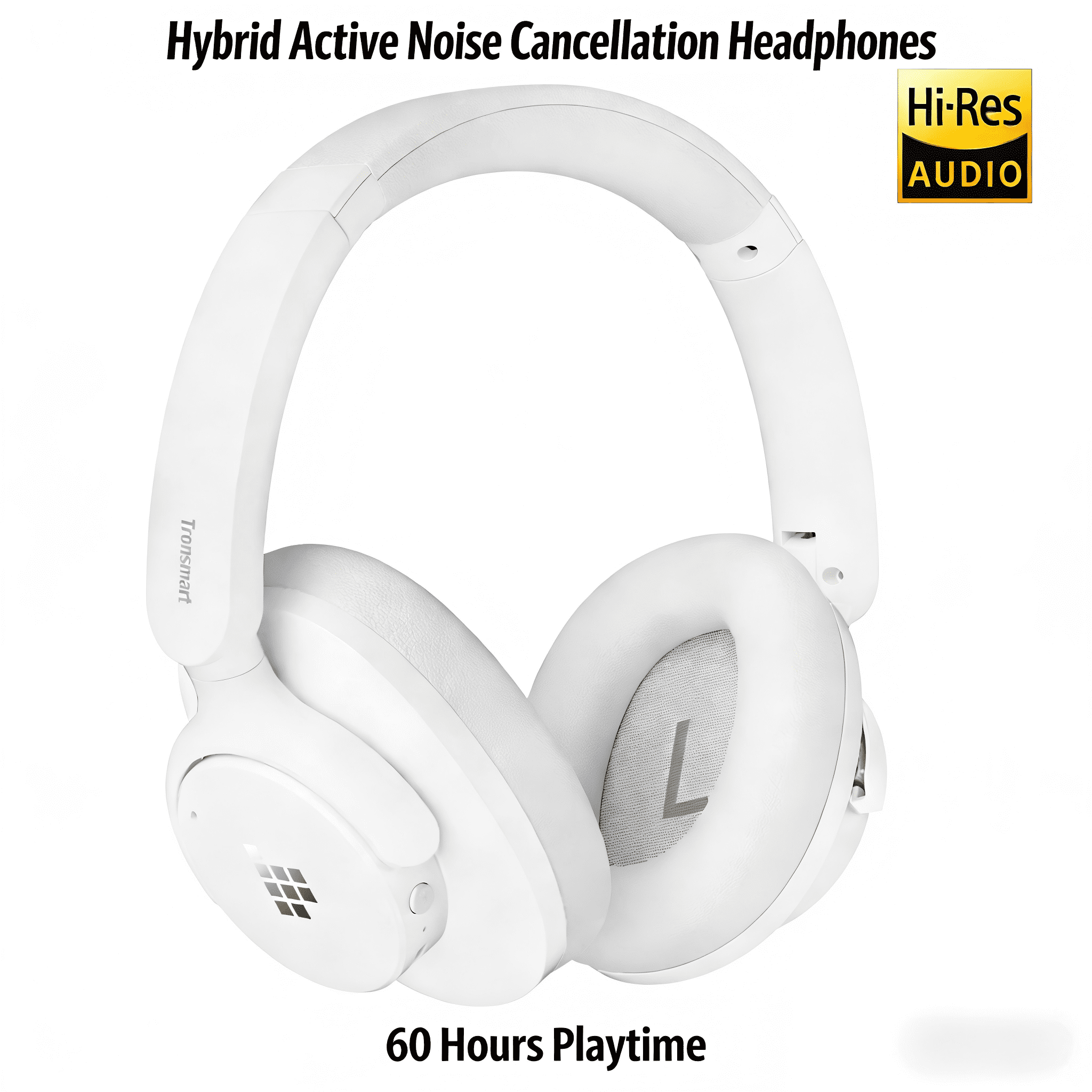 Wireless over-Ear Headphones, Hybrid ANC Headset,5.3, Hybrid Active Noise Cancellation, 60 Hours Playtime, Hi-Res Audio, 90° Swiveling Earpads, Pair with 2 Devices, Tronsmart App Control, White