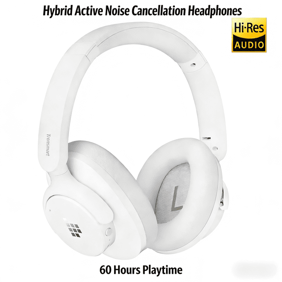 Wireless over-Ear Headphones, Hybrid ANC Headset,5.3, Hybrid Active Noise Cancellation, 60 Hours Playtime, Hi-Res Audio, 90 Swiveling Earpads, Pair with 2 Devices, Tronsmart App Control, White