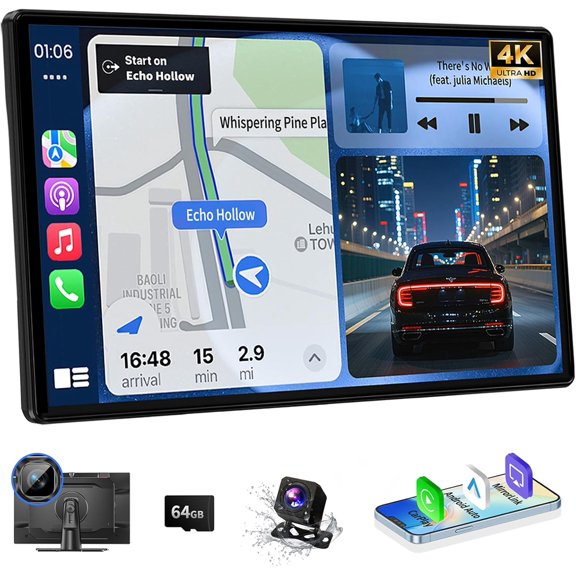 Wireless A pple Carplay Screen for Car 11" with 4K Dash Cam 1080P Backup Camera, Stereo & Android Auto GPS Navigation/Bluetooth/Mirror Link/Voice Control/AUX/FM/Siri
