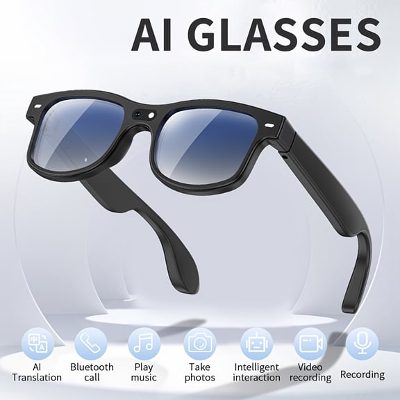 Wireless smart glasses with 8MP dual cameras, 1200P recording and image stabilization. 360 surround sound, three interchangeable lenses.