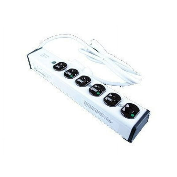 Outlet Strip, Switched, Medical Grade, 6 5-15R, 5-15P, 6 ft., White