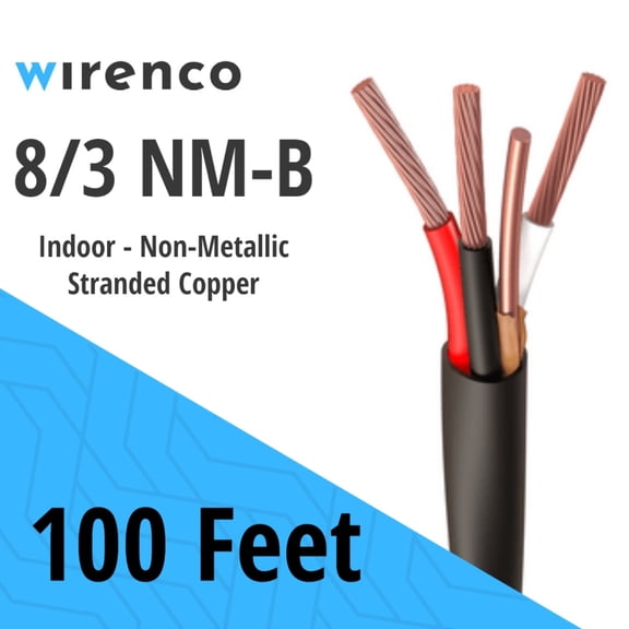 Wirenco 8/3 NM-B, Non-Metallic, Sheathed Cable, Residential Indoor Wire, Used for Wiring Swiches, Outlets and other Loads with Dry Applications (100Ft Cut)