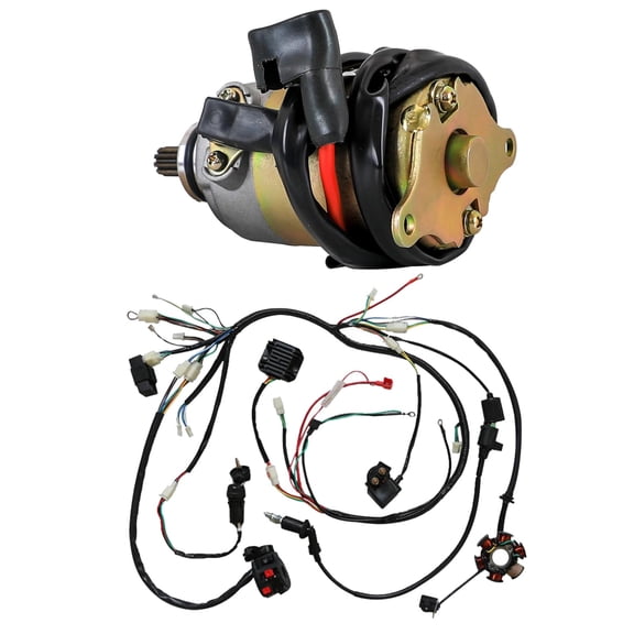 Wiring Harness Cable Assembly 8in1 Key Ignition Magneto Plate Regulator CDI Unit Solenoid Coil Start switch w/ Start Motor for Go Kart ATV UTV Buggy Dune Moped Quad 4 Wheeler Bull Taotao Baja GY6