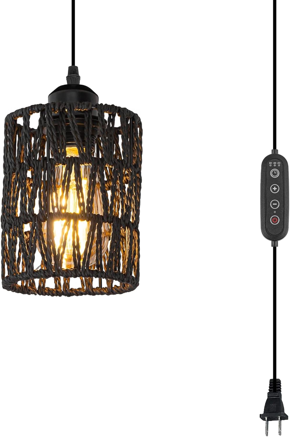 Wiring Needed Portable Twine Natural Rattan Shade Mini Pendant Lighting