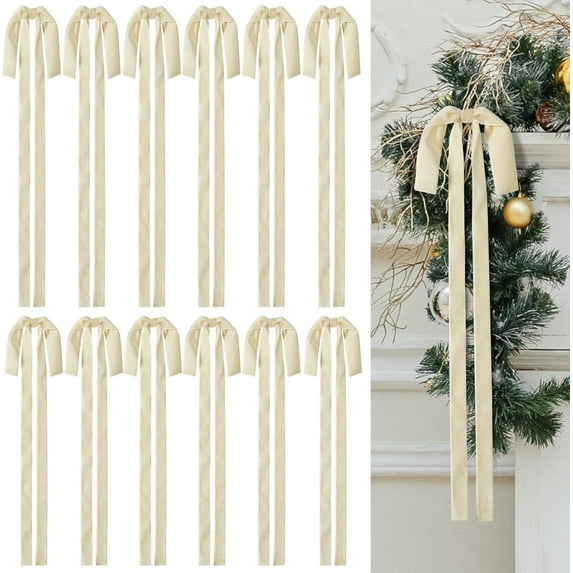 Wironlst 12Pcs Velvet Christmas Bows Large Vintage Velvet Bows for Christmas Tree, Garland Staircase Wreaths Holiday Xmas Decorations (Cream)