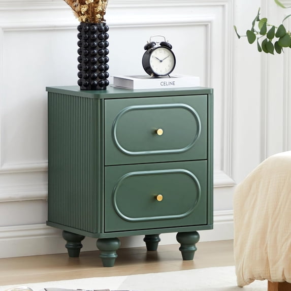 Wirrytor 2 Drawer Fluted Nightstand, Mid Century Modern Farmhouse Bedside Table, Small End Table Bedside Table for Bedroom, Green