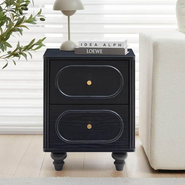 Wirrytor 2 Drawer Fluted Nightstand, Mid Century Modern Farmhouse Night Stand Small End Table Bedside Table for Bedroom, Living Room, Black - Compact Storage Solution with Sturdy Solid Wood Legs