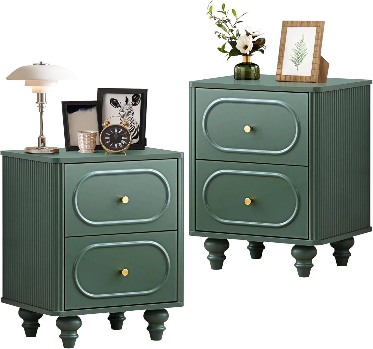 Wirrytor 2 Drawer Fluted Nightstand Set of 2, Mid Century Modern Farmhouse Bedside Table,Sofa Table, Small End Table Bedside Table for Bedroom Living room, Green