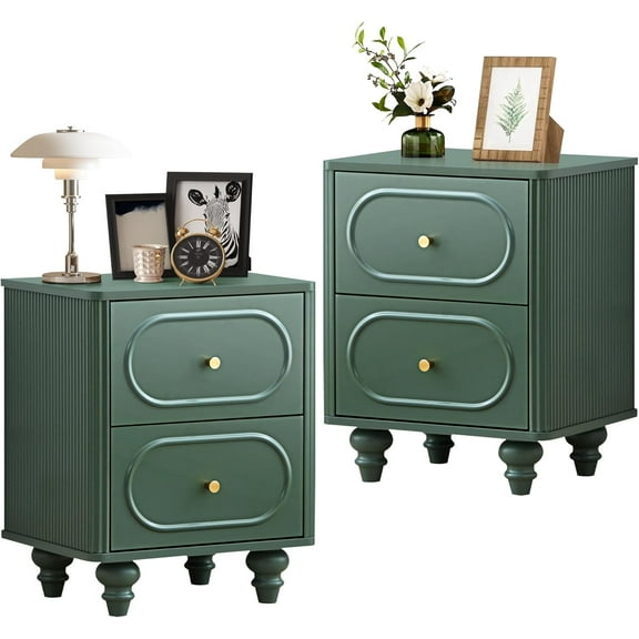 Wirrytor 2 Drawer Fluted Nightstand Set of 2, Mid Century Modern Farmhouse Bedside Table,Sofa Table, Small End Table Bedside Table for Bedroom Living room, Green