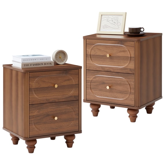 Wirrytor 2-Drawer Fluted Nightstand Set of 2, Mid-Century Bedside Table , Night Stands for Bedroom, Sofa Side End Table with Drawers for Small Spaces (Walnut)