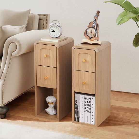 Wirrytor Mid-Century Modern Narrow Nightstand Set of 2 for Bedroom, Slim Bedside Table and Side End Table with 2 Drawers, Natural Oak
