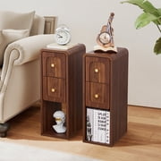 Wirrytor Mid-Century Modern Narrow Nightstand Set of 2 for Bedroom, Slim Bedside Table and Side End Table with 2 Drawers, Walnut
