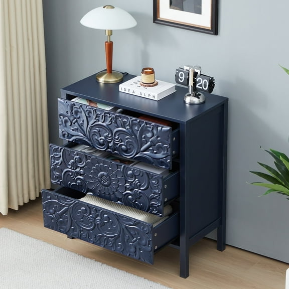 Wirrytor 3 Drawer Dresser for bedroom, Modern Chest of Drawers with Handles, Accent Wood Storage Cabinet for Bedroom, Living Room and Kitchen (Blue 3-Drawers-1)