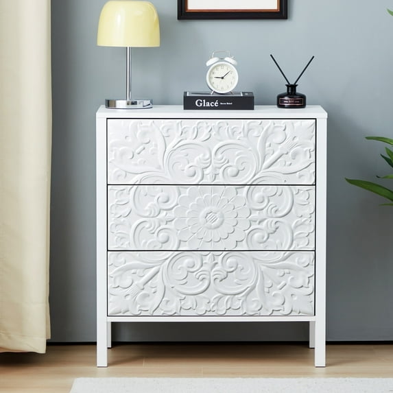 Wirrytor 3 Drawer Farmhouse Dresser with Embossed Weathered Flower Motif, Vintage Nightstand for Bedroom, White