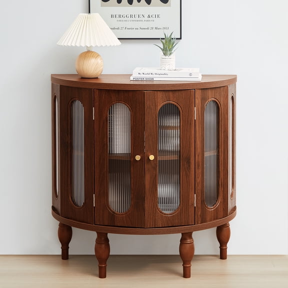 Wirrytor 31.5" Walnut Half-Moon Accent Storage Cabinet, French Modern Sideboard Buffet with Acrylic Doors for Entryway Hallway Living Room