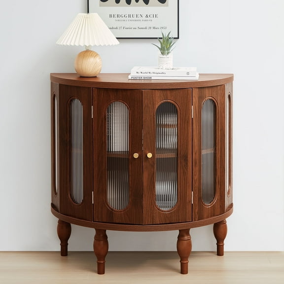 Wirrytor 31'' Fluted Wooden Round Small Sideboard Buffet Cabinet with 2 Acrylic Doors 2 Shelves, Console Dining Cabinet with Doors, Kitchen Cabinets brown for Dining Room Living Room Hallway,Walnut