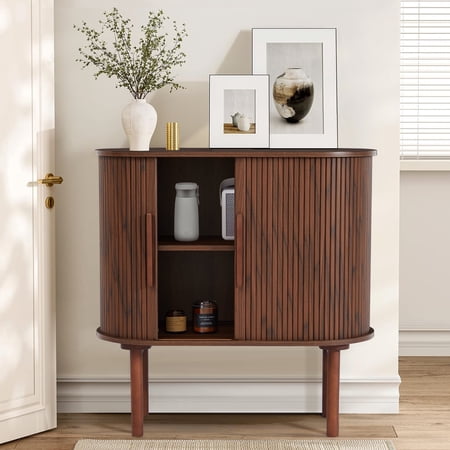 Wirrytor 31'' Walnut Fluted Sideboard Buffer Cabinet, Modern Credenza Storage Cabinet with Slide Doors, Console cabinets for Living Dining Room Kitchen Hallway, Entryway Cabinets