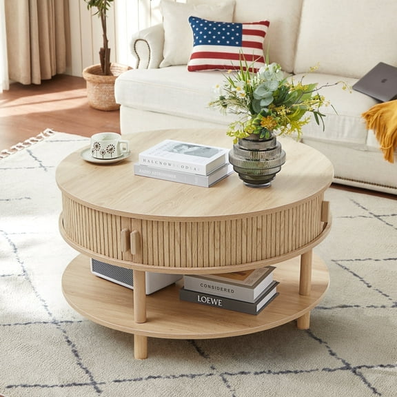Wirrytor Storage Round Coffee Table for Living Room, Farmhouse Small Coffee Table with 2 Sliding Doors, Modern Center Table with Round Edge,Natural
