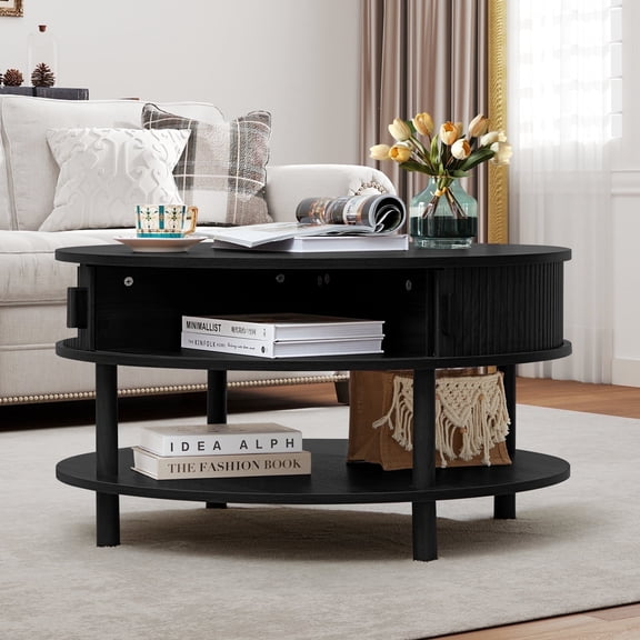 Wirrytor Storage Round Coffee Table for Living Room, Farmhouse Small Coffee Table with 2 Sliding Doors, Modern Center Table with Round Edge (Black)