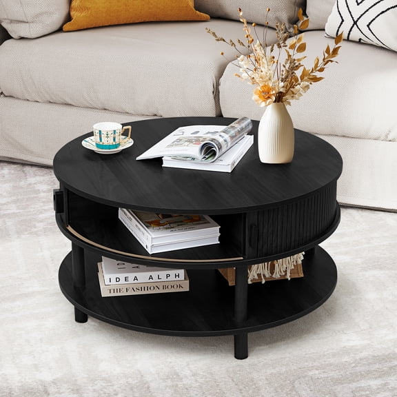 Wirrytor 31" Round Coffee Table with Sliding Doors and Bottom Shelf, Farmhouse 2-Tier Storage Center Table for Living Room, Black