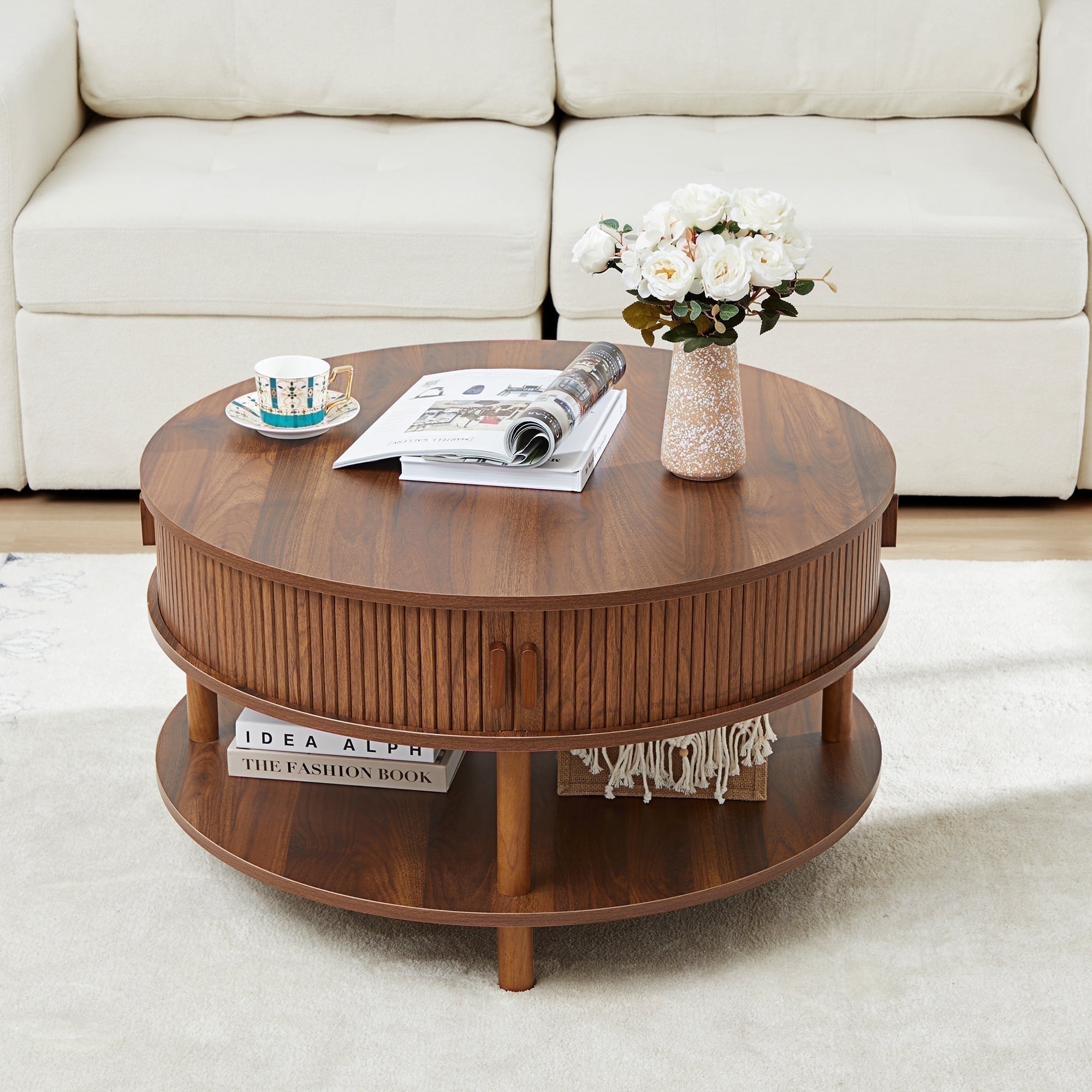 Wirrytor 31 inch Walnut Round Coffee Table for Living Room with Hiddern  Storage, Farmhouse Circle Coffee Table with 2-Tier Open Storage Shelf,  Modern ..., image size:2000x2000