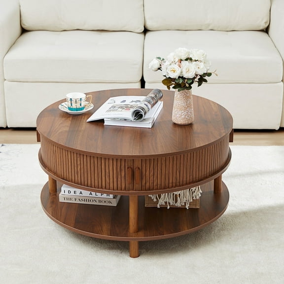 Wirrytor 31 inch Walnut Round Coffee Table for Living Room with Hiddern Storage, Farmhouse Circle Coffee Table with 2-Tier Open Storage Shelf, Modern Center Table
