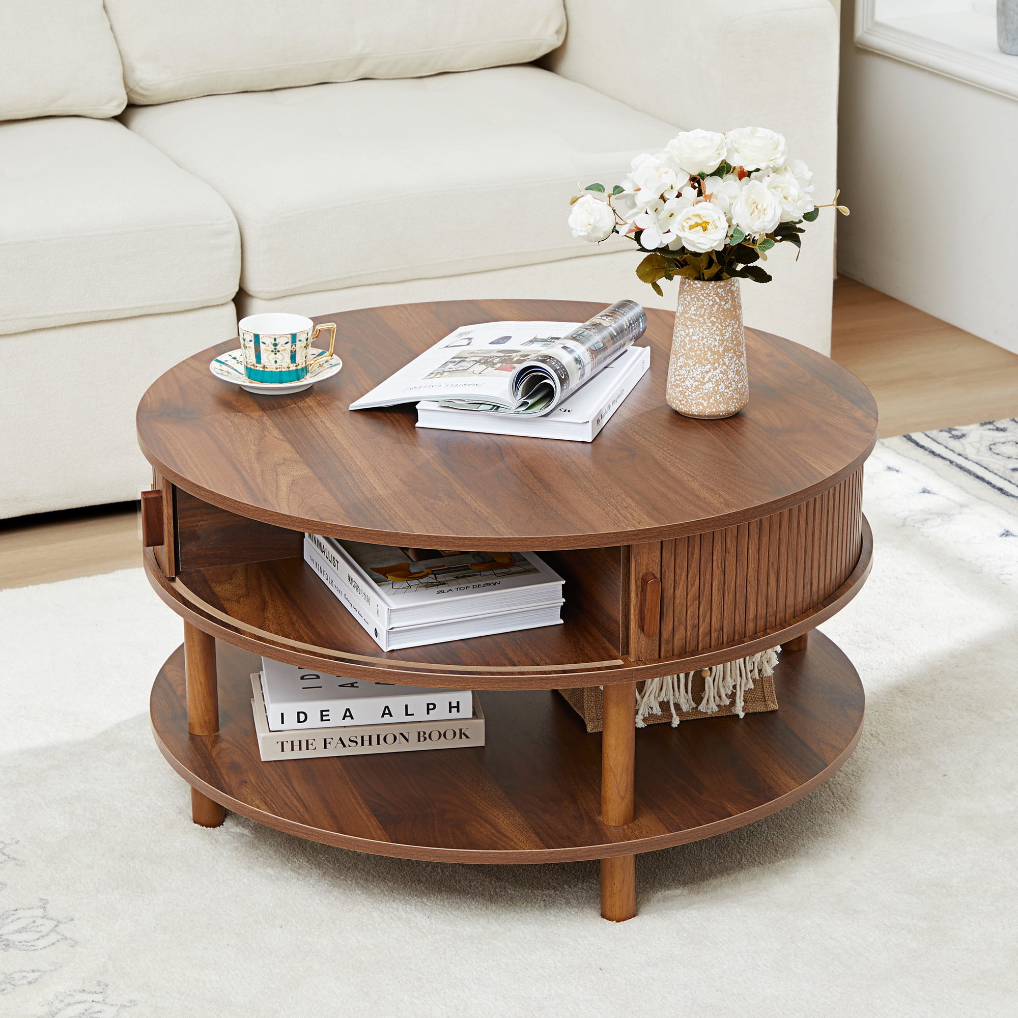 Wirrytor 31 inch Walnut Round Coffee Table for Living Room with Hiddern Storage, Farmhouse Circle Coffee Table with 2-Tier Open Storage Shelf, Modern Center Table