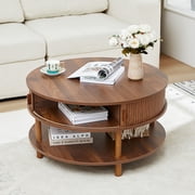 Wirrytor 31 inch Walnut Round Coffee Table for Living Room with Hiddern Storage, Farmhouse Circle Coffee Table with 2-Tier Open Storage Shelf, Modern Center Table