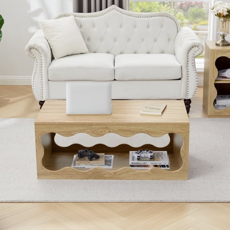 Wirrytor 39 Inch Rectangular Coffee Table with Storage Shelf, Modern Living Room Center Table, Oak Finish Cocktail Table for Small Spaces and Home Office