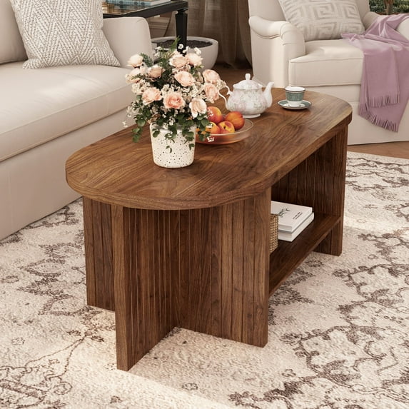 Wirrytor 43.3” Oval Coffee Table, Farmhouse Coffee Tables for Living Room Small, Fluted Coffee Table with Open Storage Shelf, Wood Center Table for 2-Tier Coffee Table, Walnut
