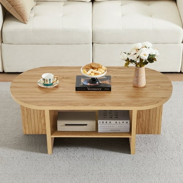 Wirrytor Oval Coffee Table, Farmhouse Coffee Tables for Living Room, Fluted Coffee Table with with Open Storage Shelf, Wood Center Table for 2-Tier Coffee Table, Natural