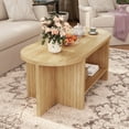 thumbnail image 1 of Wirrytor Oval Coffee Table, Coffee Tables for Living Room Small, Fluted Coffee Table with Open Storage Shelf, Farmhouse  Wood Center Table for 2-Tier Coffee Table, Natural, 1 of 8
