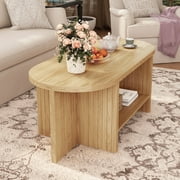 Wirrytor Oval Coffee Table, Coffee Tables for Living Room Small, Fluted Coffee Table with Open Storage Shelf, Farmhouse Wood Center Table for 2-Tier Coffee Table, Natural
