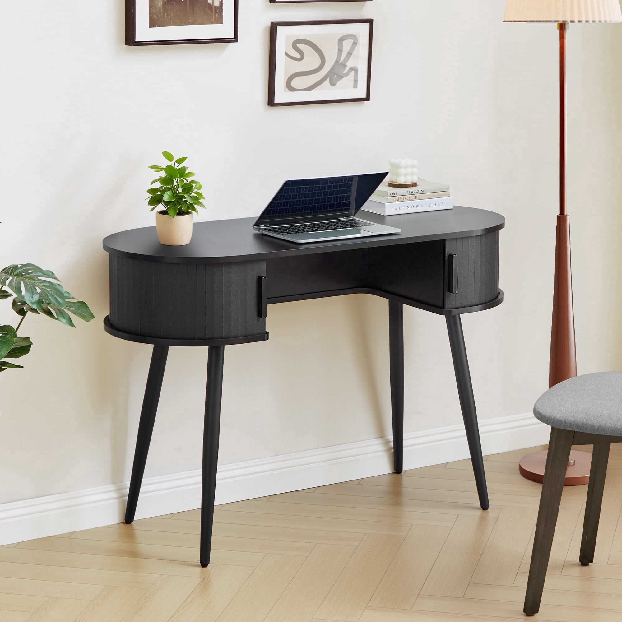 Wirrytor 43" Oval Fluted Home Office Desk, Small Computer Desk Mid Century Modern Vanity Table with Sliding Tambour Door, Wooden Writing Study Desk for Small Spaces, Bedroom, Office(Black)