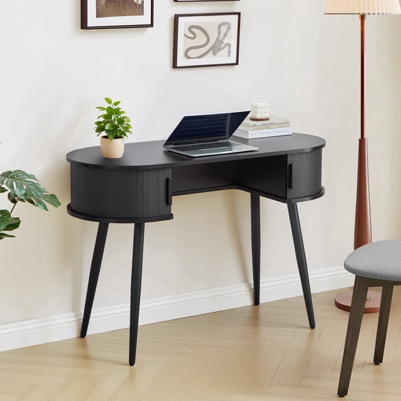 Wirrytor 43" Oval Fluted Home Office Desk, Small Computer Desk Mid Century Modern Vanity Table with Sliding Tambour Door, Wooden Writing Study Desk for Small Spaces, Bedroom, Office(Black)