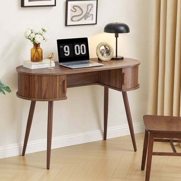 Wirrytor 43" Oval Fluted Home Office Desk, Small Computer Desk Mid Century Modern Vanity Table with Sliding Tambour Door, Wooden Writing Study Desk for Small Spaces, Bedroom, Office(Wlanut)