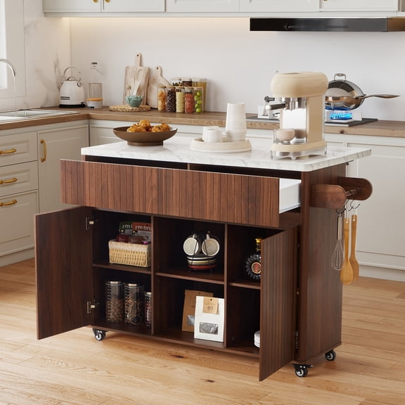 Wirrytor 47" Kitchen Island with Storage and Drop Leaf, Modern Rolling Kitchen Cart, Expandable Island Table with Marble Look Top and Hooks, Walnut