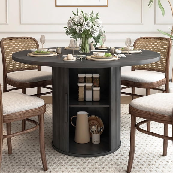 Wirrytor 47" Black Dining Room Table with Storage, Modern Round Table for 4, Kitchen table with 2-Layer Storage Shelves, Circle Dining Table