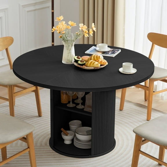 Wirrytor 47" Black Dining Room Table with Storage, Modern Round Table for 4, Kitchen table with 2-Layer Storage Shelves, Circle Dining Table
