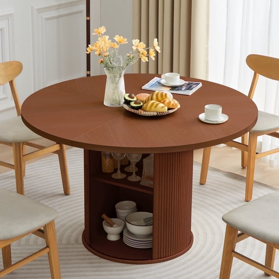Wirrytor 47" Round Dining Room Table with Storage, Modern Round Table for 4, Kitchen table with 2-Layer Storage Shelves, Circle Dining Table(Walnut)