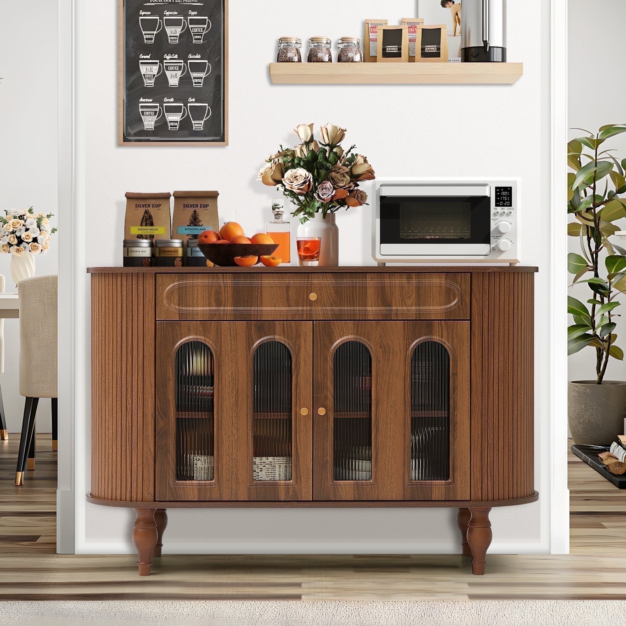 Wirrytor 47'' Wooden Oval Sideboard Buffet Cabinet with 2 Hollow Doors 2 Open Shelves, Console Dining Cabinet with Doors, Kitchen Cabinets Brown for Dining Room Living Room Hallway,Walnut