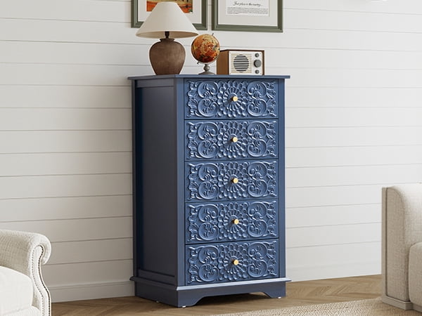 blue farmhouse dresser Wirrytor 5-Drawer With Floral Embossing, Tall Chest Of Drawers, Anti-Tipping Design, Vintage Storage Organizer For Bedroom The Sublimation of Classical