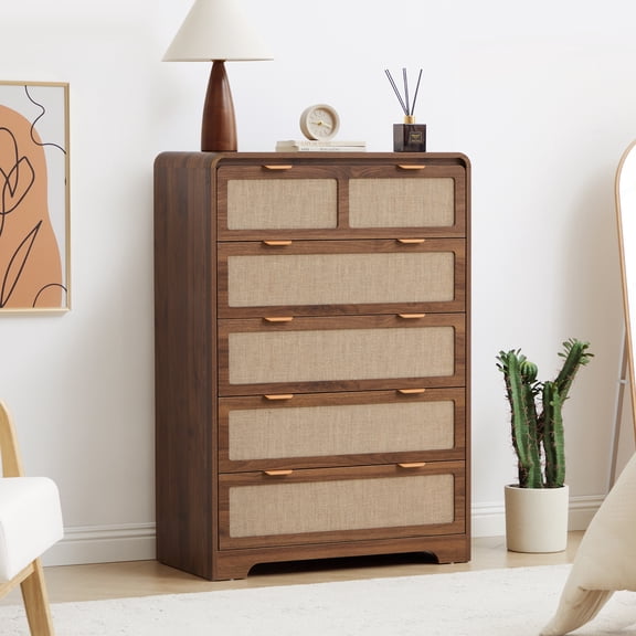 Wirrytor 5 Drawer Tall Rattan Bedroom Dresser, Boho Chest with Chest of Drawers with Curved Edge, Wood Closet Storage Organizer, Walnut