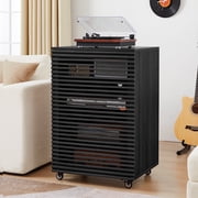Wirrytor 5-Tier Mobile AV Media Cabinet with Slatted Door, Modern Rolling Stereo Rack, Audio Video Stand with Adjustable Shelves, Black