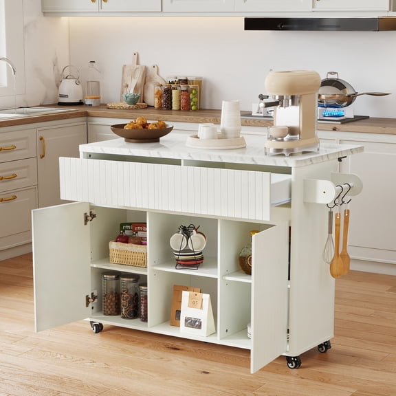 Wirrytor 47" Kitchen Island with Storage and Drop Leaf, Modern Rolling Kitchen Cart, Expandable Island Table with Marble Look Top and Hooks, White