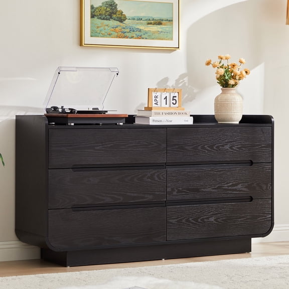 Wirrytor Mid-Century Modern 6 Drawer Bedroom Dresser, 53.93" Wood Chest of Drawers with Curved Edges, Extra Wide Double Dresser, Black